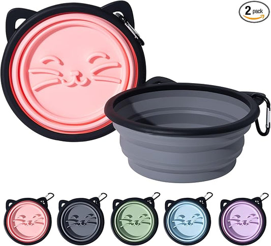 2Pack Silicone Collapsible Dog Bowls, Cute Pet Ear Shape and Cat Graphic Travel Water Bowl Full of Pet Atmosphere 25oz Portable Feeder for Small Large Dog Walking Hiking Camping (Pink and Grey)