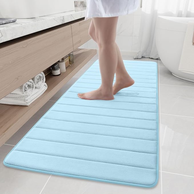 Buganda Memory Foam Bath Mat 70 x 24, Ultra Soft Absorbent Bathroom Rugs | Light Blue, Machine Washable Quick Dry Bath Mats for Bathroom Floor, Shower and Tub, Home Decor Accessories