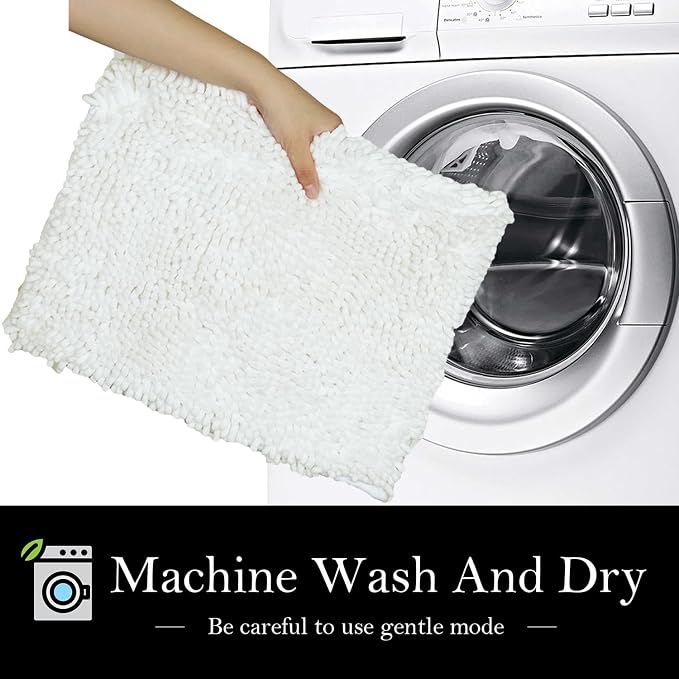 Bathroom Rugs Chenille Bath mat 3 Piece Set, Super Absorbent, Strong PVC Non Slip Backing, Bath mats for Bathroom, Plush Shaggy, Thick, Machine Washable, Bathtub, Shower, Toilet, White