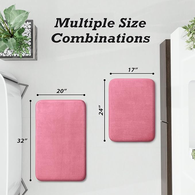 Bathroom Rugs Sets 2 Piece, Non-Slip & Quick Dry Bath Mat Set, Ultra Soft Velvet Bath Rugs for Bathroom, Toilet and Shower Floor, Pink