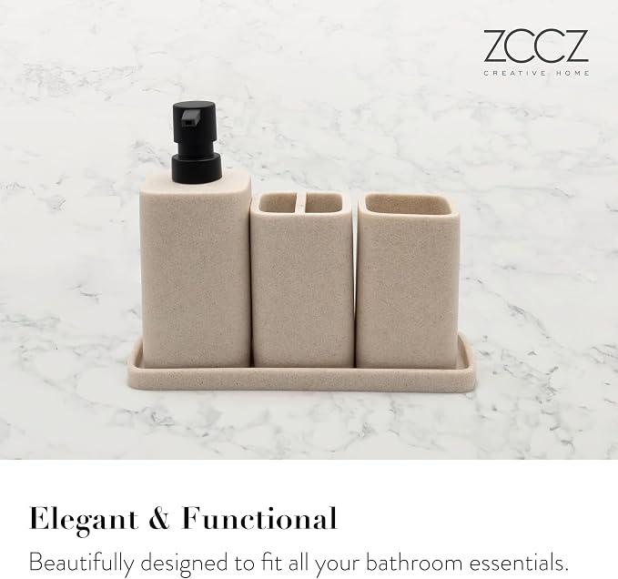 Bathroom Accessory Sets, 4 Pieces Bathroom Accessories Complete Set Vanity Countertop Accessory Set Marble Look, Includes Lotion Dispenser Soap Pump, Tumbler, Toothbrush Holder and Tray (Beige)