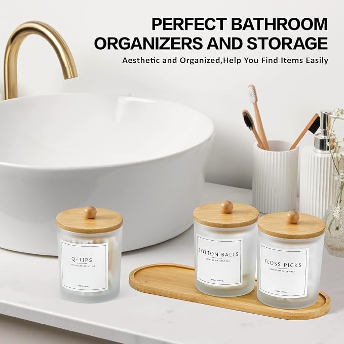 3 Pack Qtip Holder Bathroom Set with Tray,13.5oz Cotton Round Ball Pad Holder Cotton Swab Floss Pick Dispenser,Glass Apothecary Jars Canisters with Lids,Bathroom Organizers and Storage Container