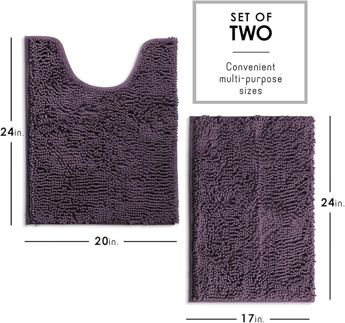 Hearth & Harbor Bathroom Rugs, Chenille Bath Mat - Machine Washable Bath Mats for Bathroom Non-Slip Backing Rubber, Quick Dry Bathroom Mat - Purple 17x24-20x24