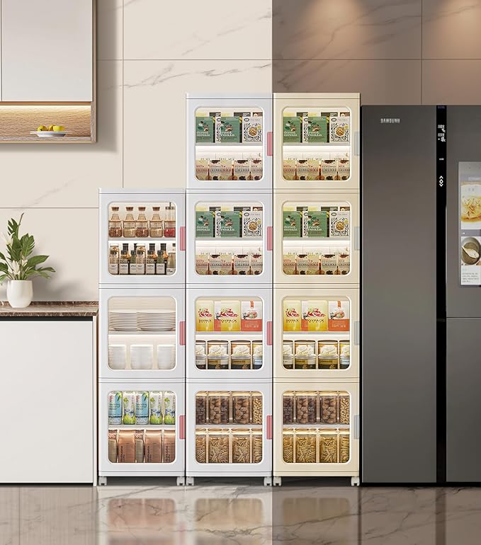 4-Tier Tall Narrow Bathroom Storage Cabinet with Doors and Adjustable Shelves Slim Foldable Cabinets with Wheels Small Spaces Plastic Organizers for Kitchen Laundry Room Bedroom Pantry,Beige