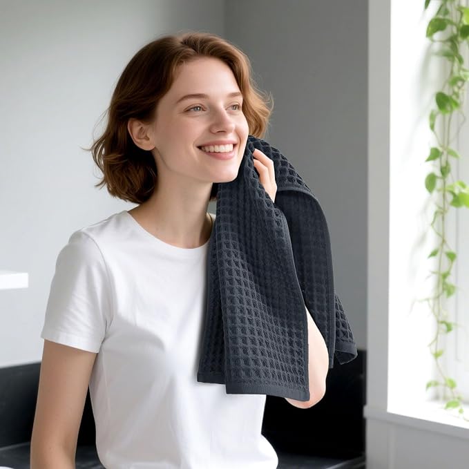 Jacquotha Waffle Hand Towels for Bathroom 5-Piece (Charcoal Blue) | Cotton Quick Dry Lint Free Face Towels 13” x 29”