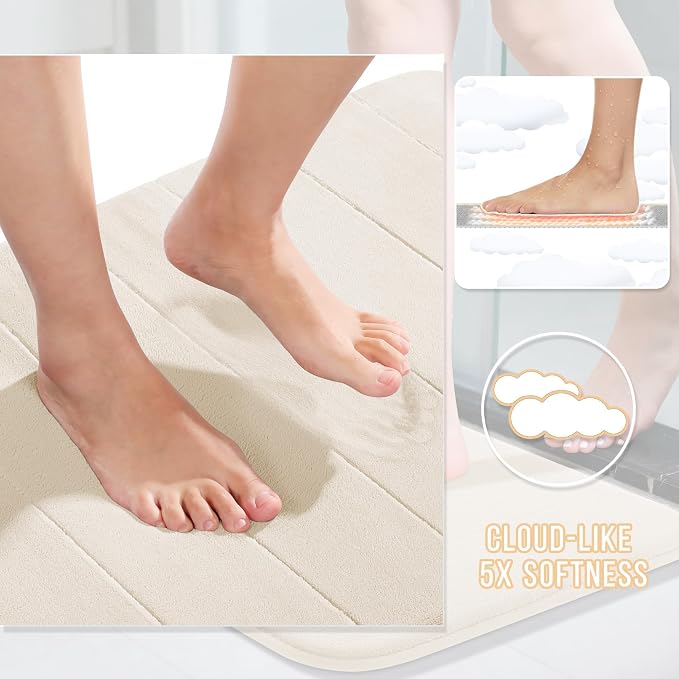 Yimobra Large Bath Mat Set 2 Piece- Super Soft Absorbent Quick Dry Memory Foam Bathroom Rugs, Machine Washable Non Slip Floor Carpet for Tub Shower & Double Vanity (17x24 & 44x24, Cream White)