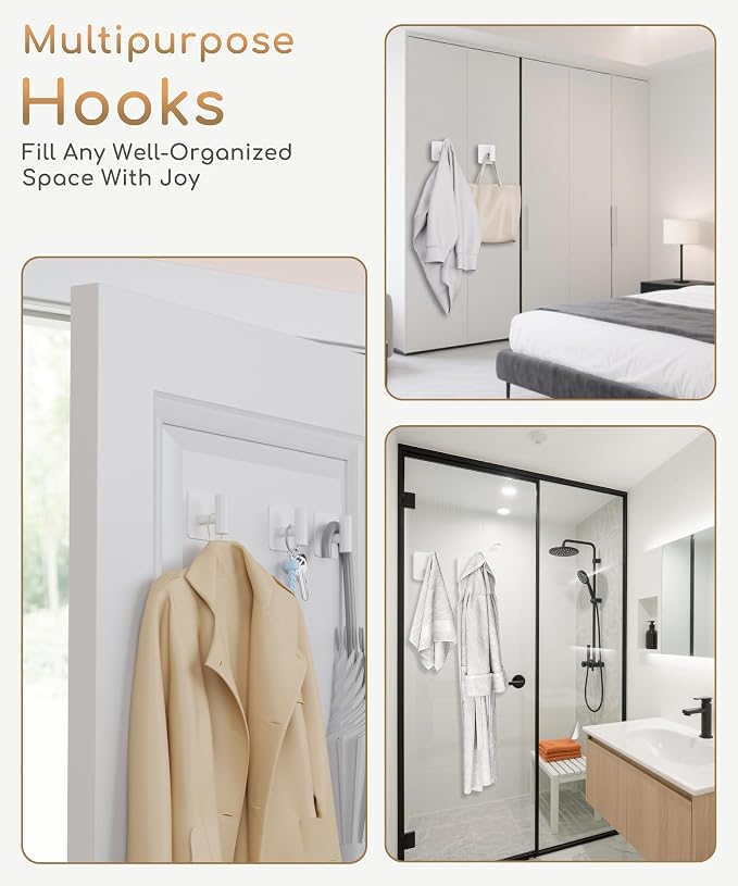 Aikzik 4 Pack Large Heavy Duty Wall Hooks - 26lb Max, Stainless Steel Adhesive Towel Hook, Shower Hooks for Hanging Towel, Coat, Robe, Wall Hook for Use in Bathroom, Kitchen and Door, White