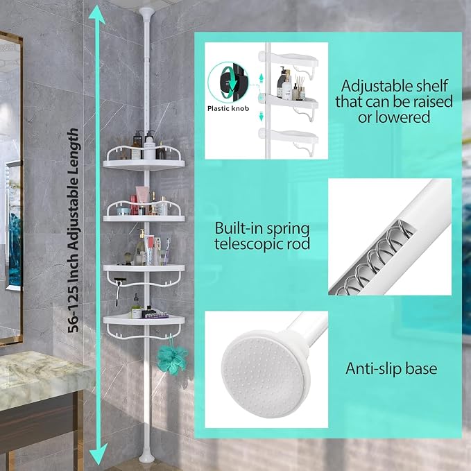 Shower Caddy Tension Pole with 4 ABS Baskets,Shower Storage Shelf with 56 to 125 Inch Adjustable Stainless Pole for Bathroom White