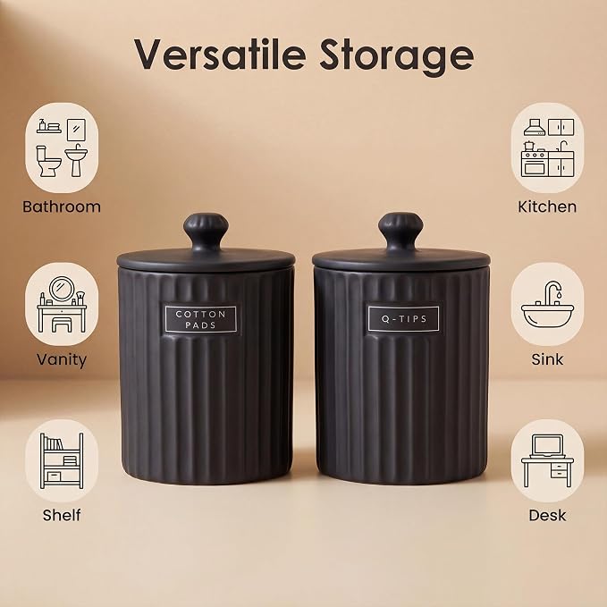 Ronasip Ceramic Bathroom Organizer and Storage Jars with Lid, 2 Pack Qtip Holder and Cotton Pad Dispenser, Apothecary Canisters for Vanity, Kitchen Countertop, Home Decor (2, Black)