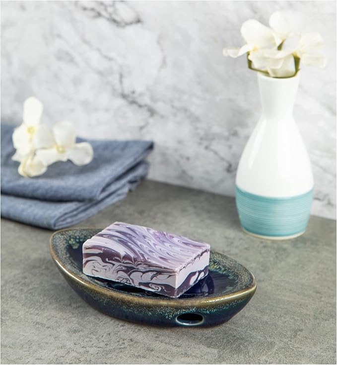 LungMongKol Shop Ceramic Soap Dish with Self Draining Tray for Bar Soap, Bathroom, Kitchen (Blue)