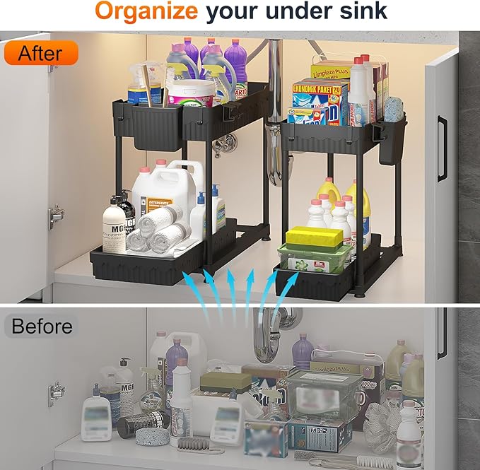 Sevenblue 4 Pack Under Sink Organizer, Bathroom Organizers and Storage, 2 Tier Multi-Use Pull Out Cabinet Organizer with Hang Hooks and Cups (Black, 4 Pack) | Multi-use kitchen & bathroom storage. Includes hanging hooks and cups. Black, space-saving ca...