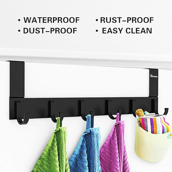 Door Hooks Hanger Rack, Aluminum Utility Organizer Holder for Kithchen Bathroom, 6 Hooks Over the Door Hanger Black