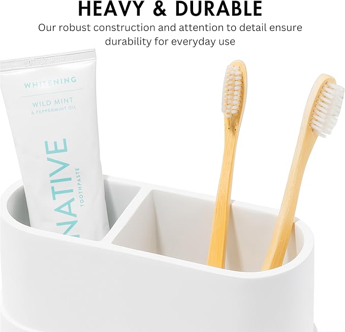 Yew Design Matte White Large Toothbrush and Toothpaste Holder and Cup for Bathroom Vanity and Countertop, Round Organizer for Electric Toothbrushes, Floss, Razors, Cotton, and Mouthwash