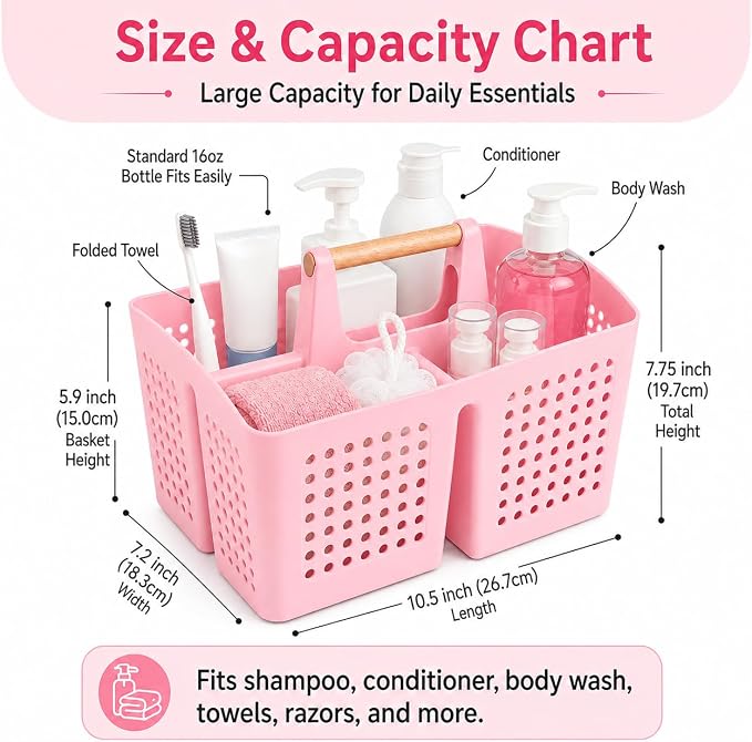 Portable Shower Caddy Basket with Wood Handle, 3-Compartment Bathroom Organizer Tote with Drain Holes, Plastic Shower Basket for Dorm, Toiletries, Cleaning Supplies, Candy Pink
