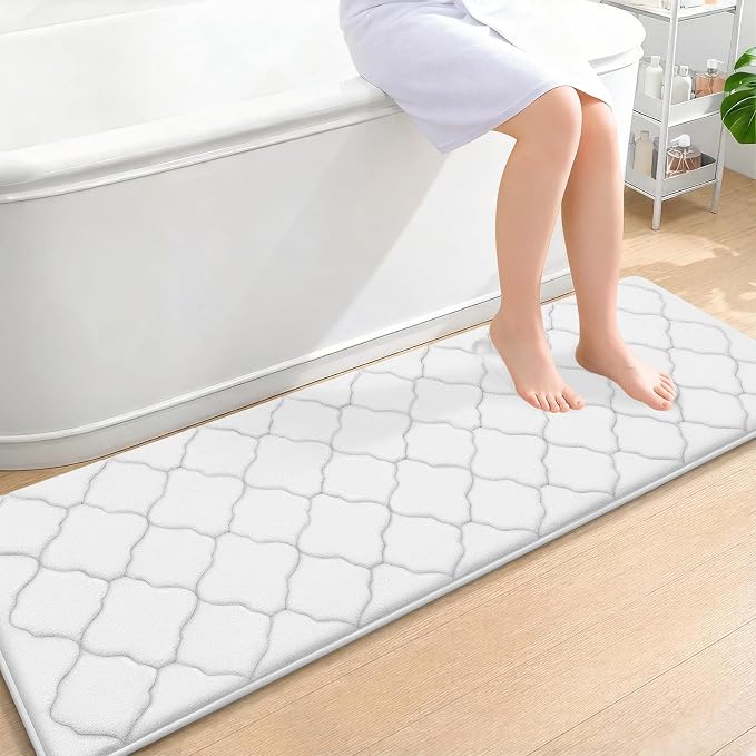 OLANLY Memory Foam Bath Mat Rug 59x20, Ultra Soft Bathroom Rugs, White | Thick Absorbent Carpet, Non-Slip Backing, Machine Washable, for Bathroom Floor, Tub, Shower and Home Decor Accessories