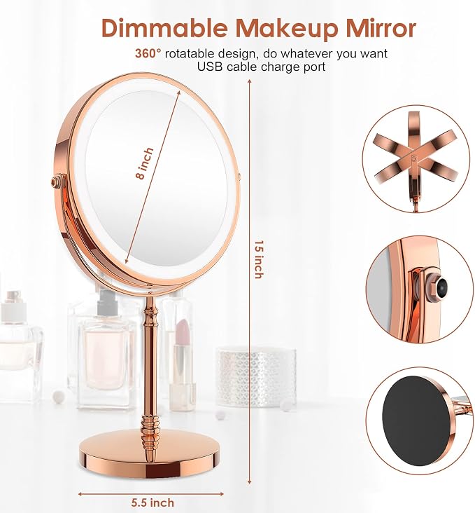 DEIOVWXS Makeup Mirror, Rechargeable Vanity Mirror with 3 Lights, 1X/10X | Adjustable Brightness, 3000mAh, Double-Sided, Gift for Mom, Women, Wife, Girls, Dorm Room Essential