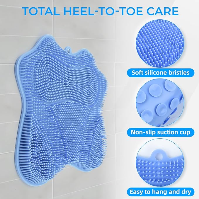 Silicone Foot Scrubber Mat for Shower Bath Foot and Back, Shower Feet Brush Pad with Wall-Mounted Suction Cups (Blue)