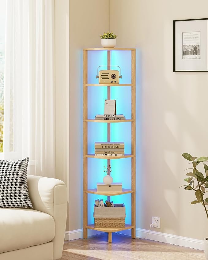 TUTOTAK Corner Shelf with LED Light, 6-Tier Corner Bookshelf for Small Space, Narrow Display Corner Shelf Stand with Storage Rack, for Living Room, Bedroom, Natural BS08BN006L