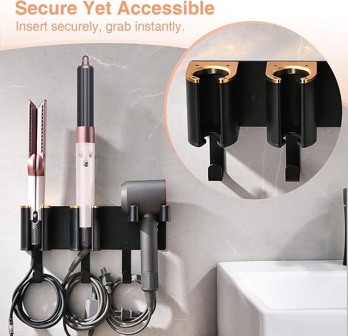 Hair Tool Organizer Wall Mount, Hair Dryer Curling iron Organizer | Hair Tools Holder with Cord Hooks, Straightener Holder, Aluminum Alloy & ABS, Black and Gold Color (Not Including Hair Tools)