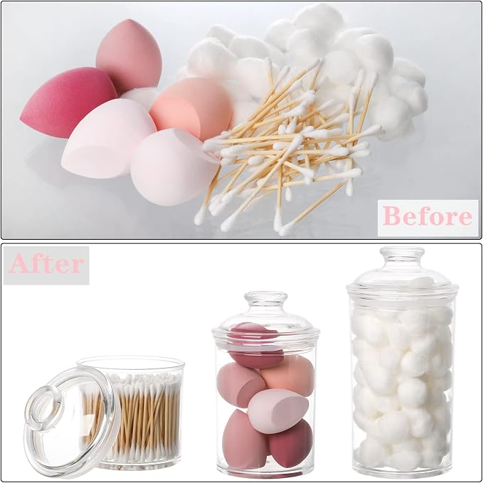 Lyellfe 3 Pack Acrylic Apothecary Jars, Vanity Canister with Airtight Lid | Bathroom Cotton Swab Holder, Clear Storage Jar for Candy, Bath Salt, Cotton Ball, 34 oz, 25 oz, 17 oz