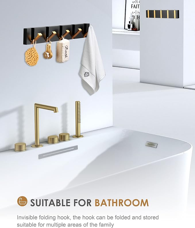 2 Pack，Bathroom Towel Hooks for Wall，Black Gold Wall Hooks for Coats，Towel Hooks for Bathrooms，Perforated or Free Perforated，Black Gold Towel Hooks，Towel Door Hooks，Also for Balcony，Kitchen.