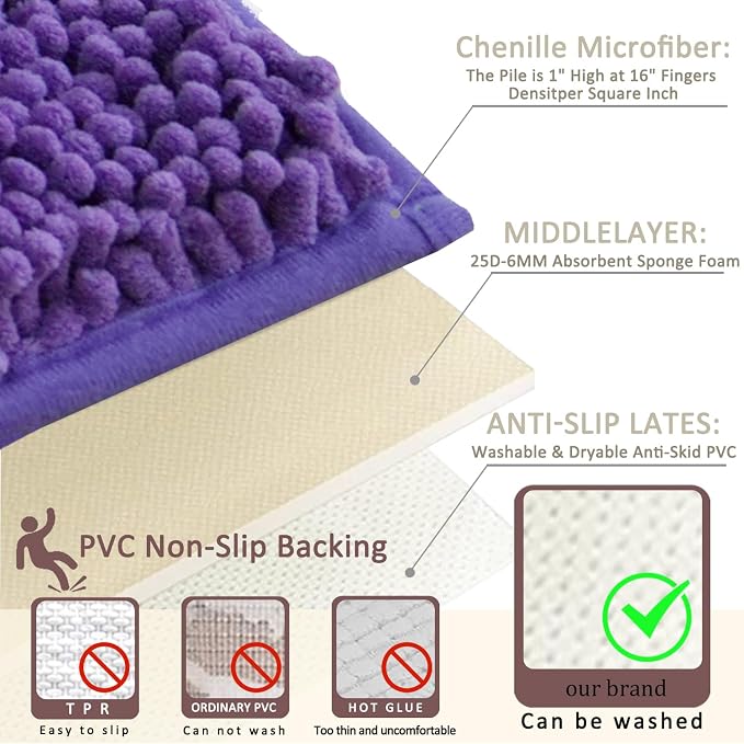 Bathroom Rugs Sets 3 Piece Non Slip,Bath Rugs with PVC Backing Bath Carpet,Bathroom Rug Washable,Absorbent,Plush Carpet Mats,Bath Mats for Bedroom, Kitchen,Tub,Home Decor (Purple)