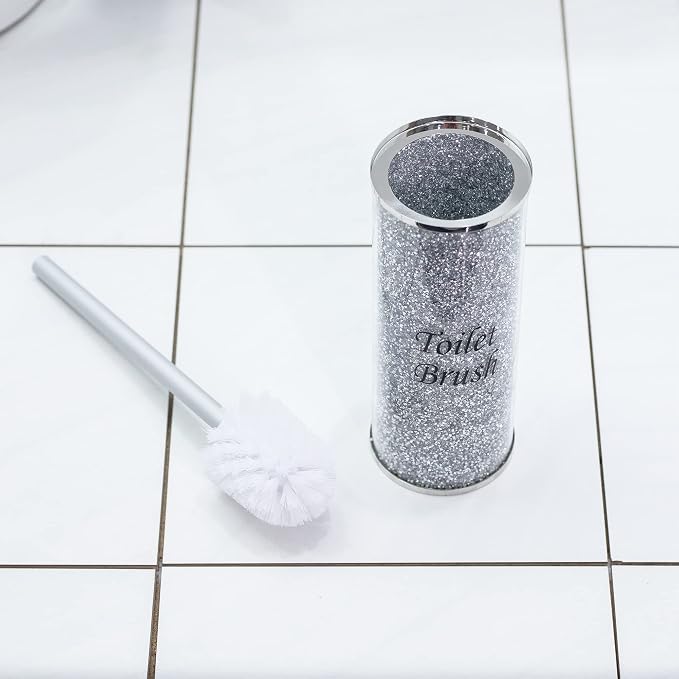 Lmaray Silver Crushed Crystal Toilet Brush Holder, Bling Toilet Brush Holder for Home Toilet Bowl Cleaner Brush Bathroom Scrub Brush, 10.2" Height