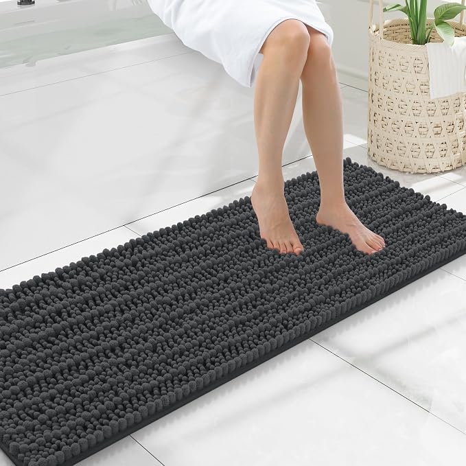 Smiry Bathroom Rugs 47X17, Extra Soft Rubber Backing Chenille Bath Mats | Dark Grey Machine Washable Non Slip Quick Dry Bath Mats for Bathroom Floor, Tub, Shower, Home Decor Accessories