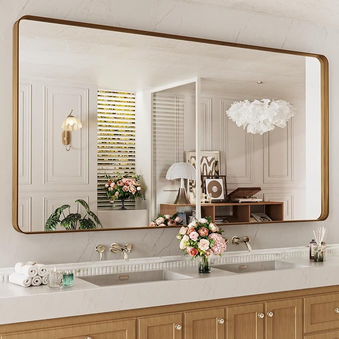 LOAAO 72X32 Inch Bathroom Mirror with Wood Grain Colored Metal Frame | Rounded Rectangle Metal Framed, Anti-Rust, Hangs Horizontally or Vertically, Tempered Glass