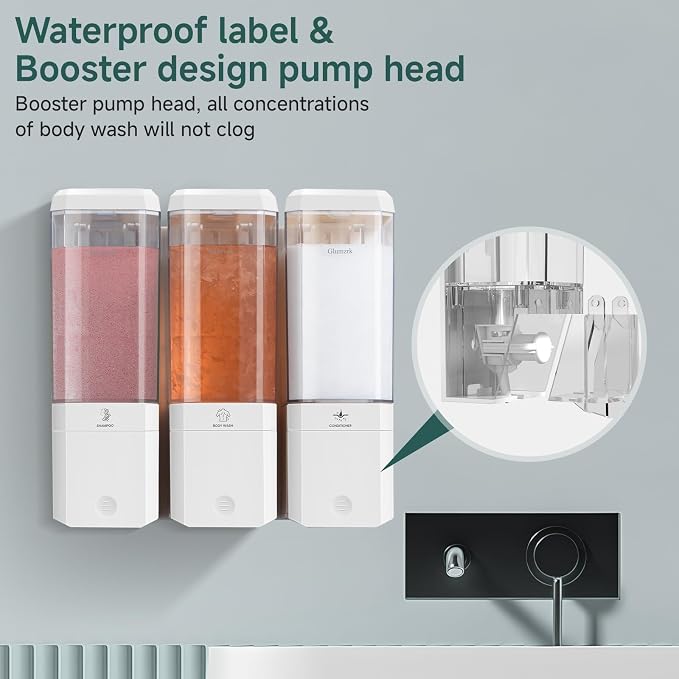 Shampoo and Conditioner Dispenser 3 Chamber No Drill Shampoo Dispenser for Shower Wall Mounted Shower Soap Dispenser 3 * 500ml Refillable Shower Dispenser for Bathroom Hotel(White 3 Chamber)