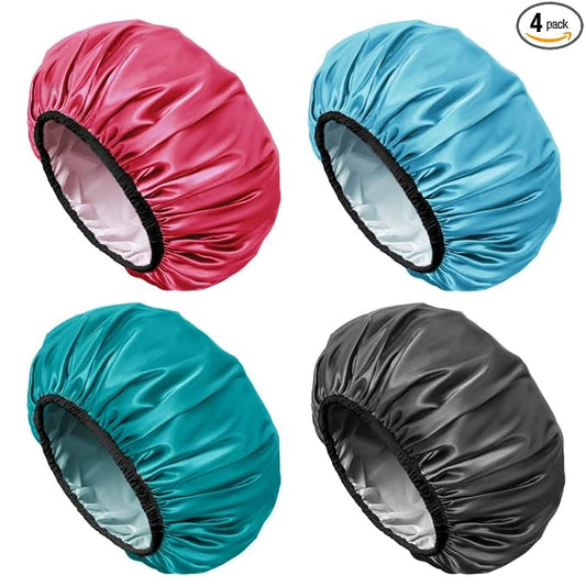 Aquior Shower Cap for Women Reusable, Extra Large Shower Cap for Men,Satin EVA Double Layer Waterproof Hair Cap For Long Hair, 4 Pieces