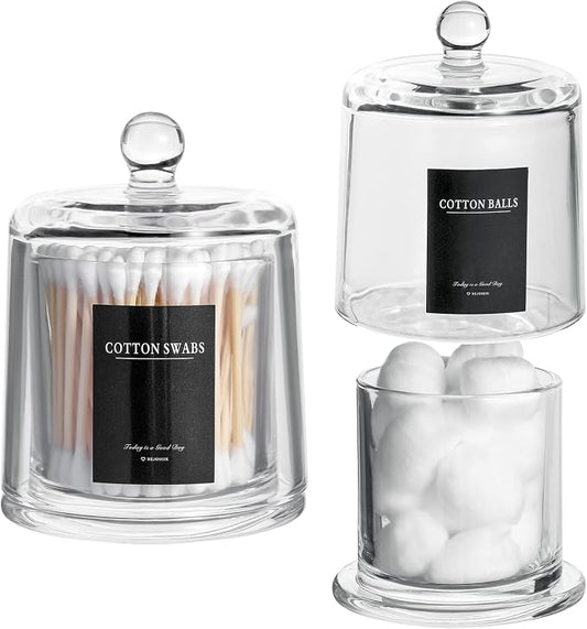 Qtip Holder Apothecary Jars with Lid, 2 Pack Thick Glass, Clear | Bathroom Canisters Vanity Organizer for Cotton Balls, Swabs, Candy, Jewelry, Makeup Storage, Bathroom Decor