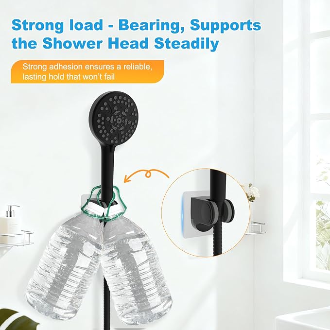 Hibbent 2 Pack Shower Head Holder - Strong Adhesive Wall Mount, Height Adjustable, No Drilling - Matte Black