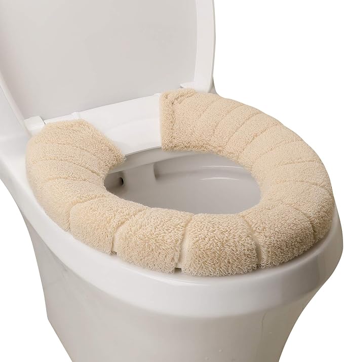 Toilet Seat Cover with Snaps Fixed,Thick Warmer,Machine Washable(beige) | soft thicker warm,easy to install,stretchable,non slip pad,stay in place,universal size,fit most toilet,reusable portable