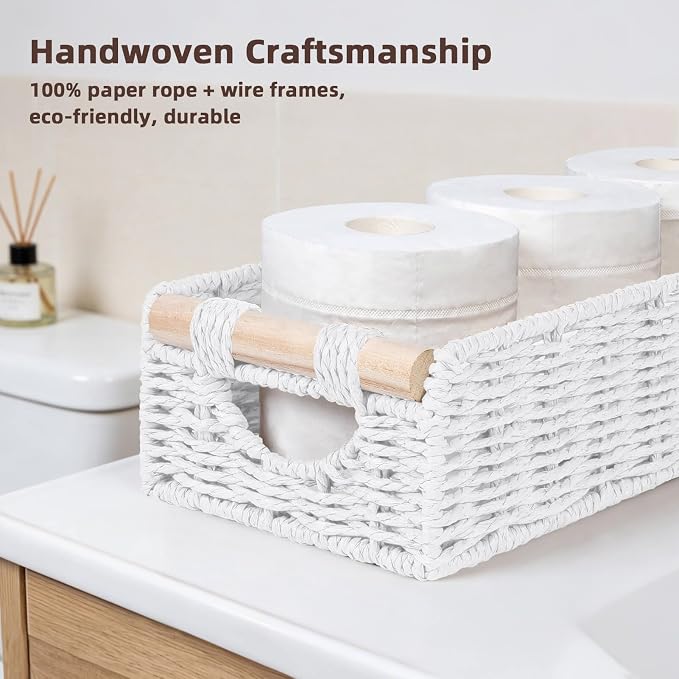 CubesLand Back of Toilet Storage Basket for Organizing w/Cut Out Handle, Handwoven Toilet Tank Top Paper Baskets, Small Wicker Decorative Basket for Countertop, Home, Living Room, Nursery, White