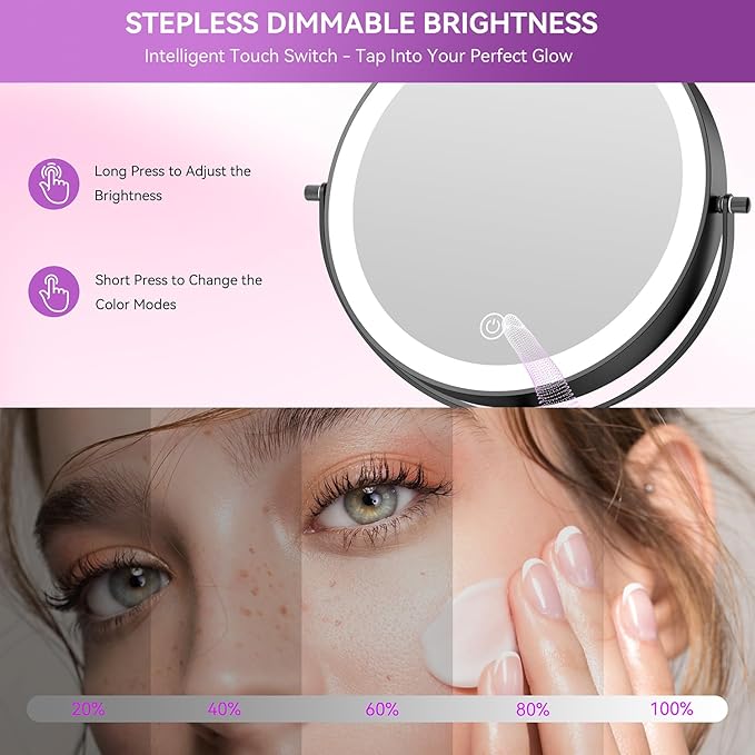 Auxmir 9" 5000mAh Magnifying Mirror, 1X/30X Lighted Makeup Mirror, Black | Rechargeable Battery, 3 Dimmable Colors, 14.9‑18.5" Adjustable Height, 360° Rotation, Stable Base, 30X Magnification