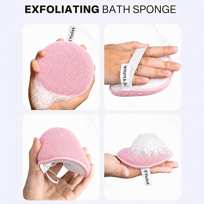 Exfoliating Body Scrubber, 2 Pack Shower Loofah Sponge with Handle, Dual-Sided Body Scrub Pad for Bathing, Rich Lather Bath Sponge for Men and Women