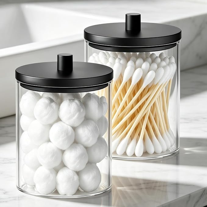 BKYFPQ 2 Pack Glass Qtip Holder Dispenser Set - 15oz & 10oz Apothecary Jars with Lids - Vanity Makeup Organizer and Bathroom Canister Storage Organizer for Cotton Ball, Swab, Round Pads,Floss