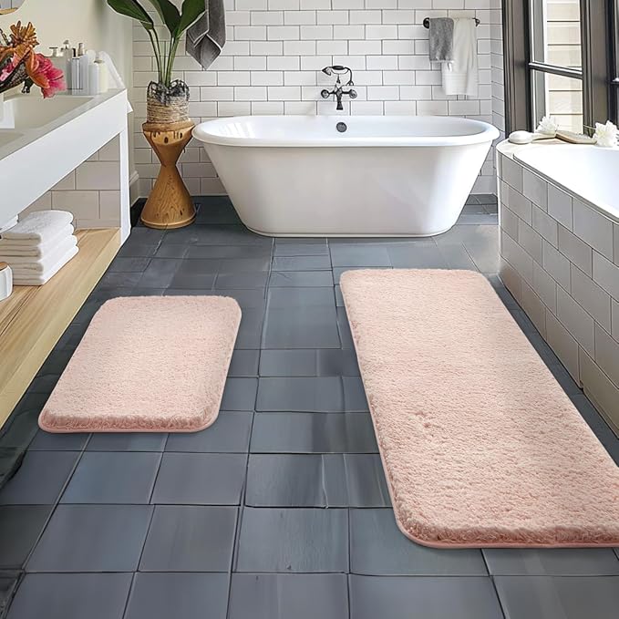 MIULEE Blush Bathroom Rugs Set 2 Piece Soft Bath Mats 16x24+16x48 Inch | Soft Absorbent Microfiber Bath Rugs, Non Slip, Quick Dry, Fluffy Bath Rugs for Bathroom Floor Tub Showers, Machine Washable
