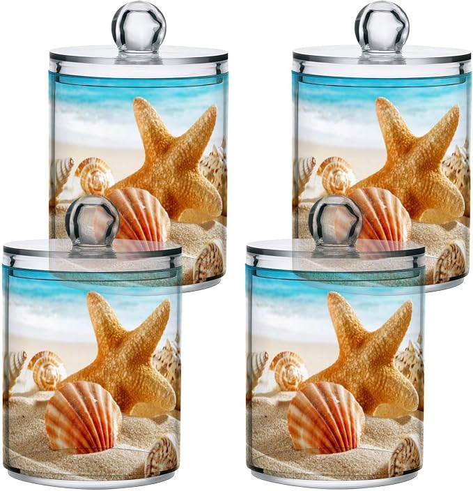 ALAZA 4 Pack Qtip Holder Dispenser Beach Starfish Ocean 2 Cotton Ball Cotton Swab Round Pads Floss Clear Bathroom Storage Containers Plastic Apothecary Jars with Lids