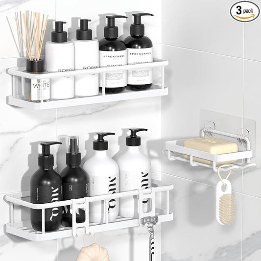Shower Caddy Adhesive, Rustproof Shower Organizer with Soap Holder, Large Capacity Shower Shelves for Inside Shower, No Drilling Bathroom Organizers and Storage for Home Decor（3 Pack White）