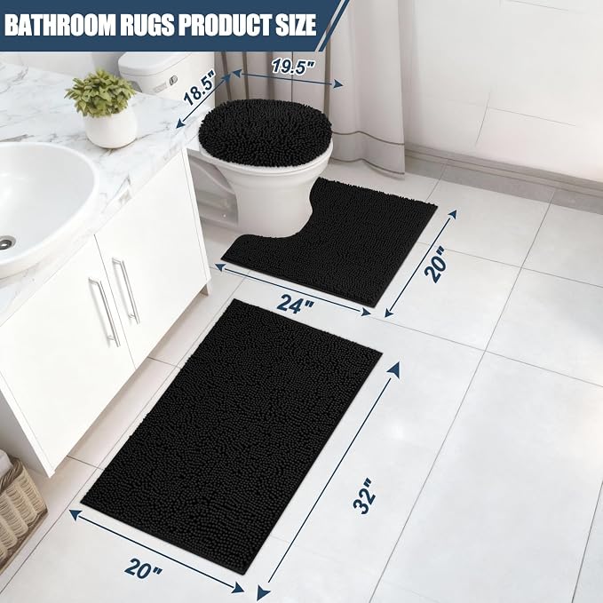 Bathroom Rugs Sets 3 Piece with Toilet Seat Cover 19.5"x 18.5" | Machine Washable Bath Rug Set with Tpr Non Slip Rubber Backing Solid Bath Mat Set for Luxury Bathroom Decoration