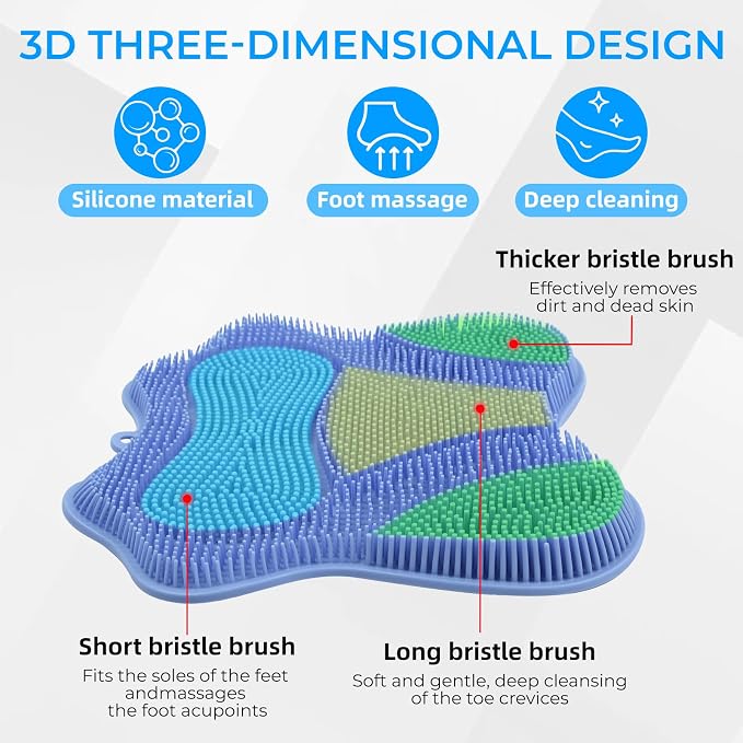 Silicone Foot Scrubber Mat for Shower Bath Foot and Back, Shower Feet Brush Pad with Wall-Mounted Suction Cups (Blue)