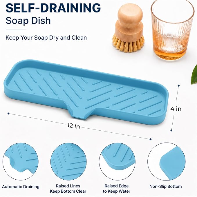 MicoYang Silicone Soap Dish with Drain Spout — Self-Draining Double Sink Organizer Tray for Kitchen & Bath, Dispensers, Sponges & Soap Holder, Non-Slip & Dishwasher Safe, Light Blue (Large, 12"×4")