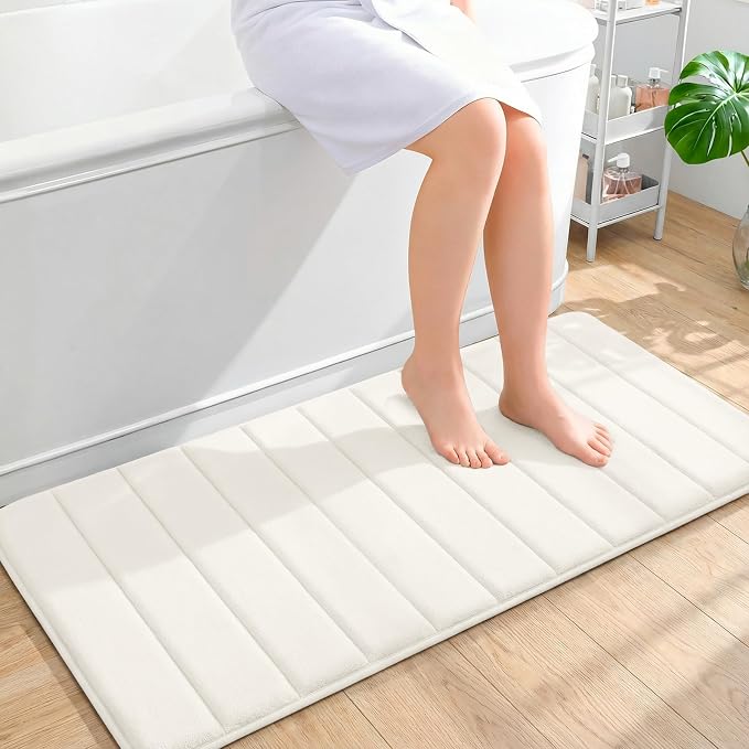 OLANLY Memory Foam Long Bathroom Rugs Runner 44x20, Super Soft Absorbent | Ivory, Quick Dry Bath Mat, Machine Washable Shower Floor Rugs, Bathmat Carpet for Bathroom Floor, Tub and Shower
