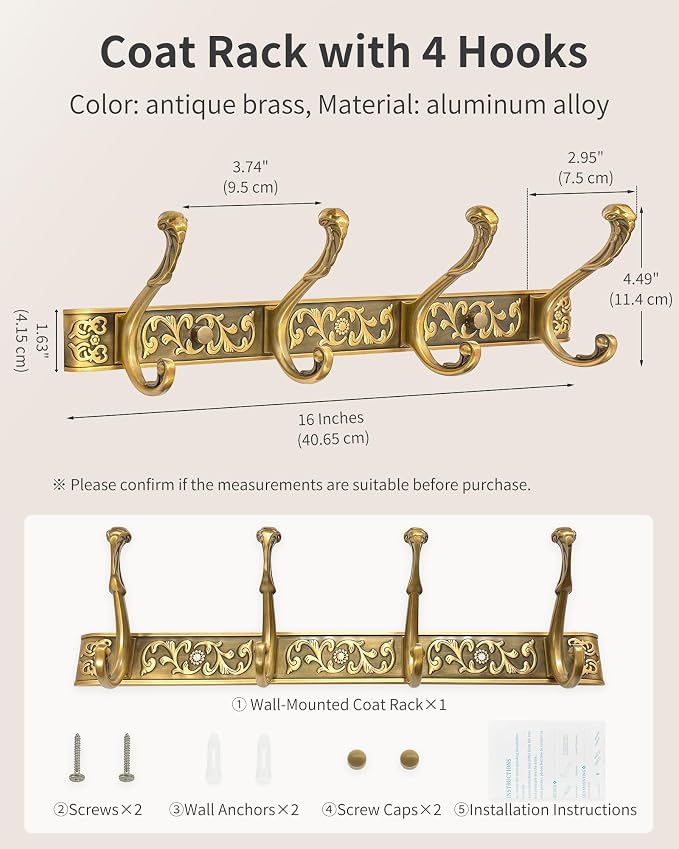Vintage Coat Rack Wall Mount, Decorative Wall Coat Rack with 4 Hooks for Hanging Key Purse Hat Robe Towel Clothes Unique Hanger for Bathroom Shower Entryway Antique Brass 1 Pack