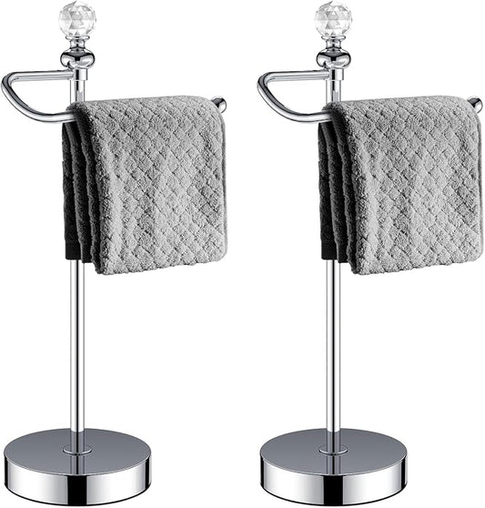 ROLABAM Bath Hand Towel Holder Standing, Stainless Steel Stable Free-Standing Towel Bar for Bathroom Kitchen Countertop, Rustic Towel Ring Stand with Crystal Ball 15.7” H (Polished Chrome, 2 Pack)