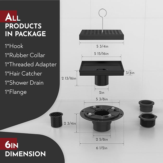 WEBANG 6 Inch Square Shower Drain Black Floor Drain with Flange Square Holes Pattern Cover Grate Removable SUS304 Stainless Steel Watermark&CUPC Certified Matte Black