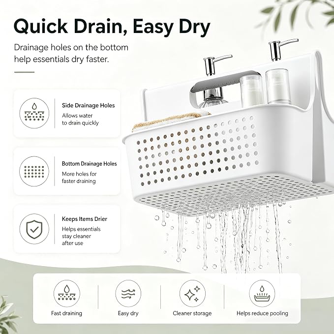 Haundry Portable Shower Caddy Basket, 2 Compartments Plastic Cleaning Caddy Organizer, Large Storage Tote with Handle for Bathroom, College, Dorm Room Essentials, White