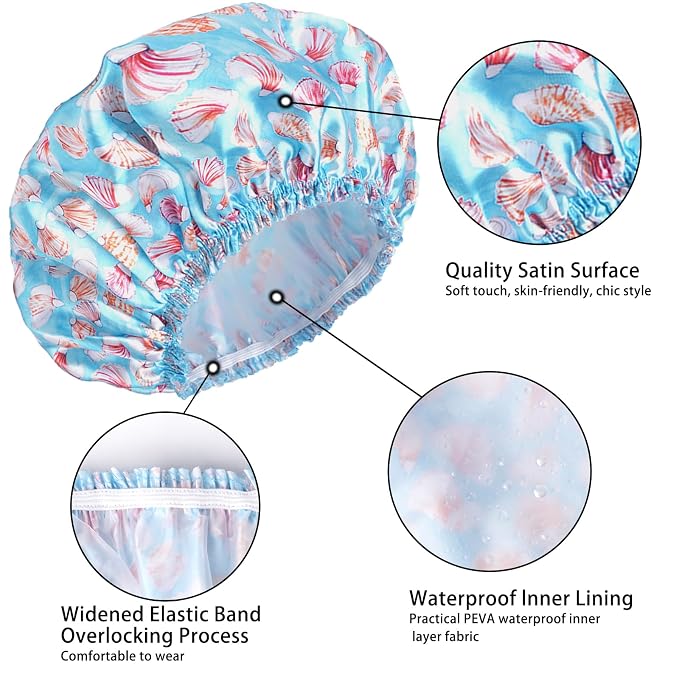 Shower Caps for Women, 4 PCS Reusable Waterproof Bath Cap | Double Layer, Washable, Wide Elastic Band, Holds Long Hair, Caps for Bath Accessories, Spa, Travel Home - Shell